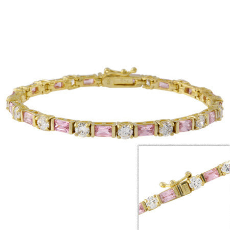 18k Gold over Silver Pink & Clear CZ Tennis Bracelet