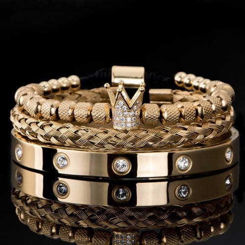Luxury Micro Pave CZ Crown Roman Royal Charm Men Bracelets Stainless