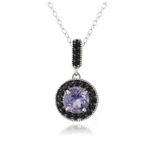 Sterling Silver 2.5ct Amethyst & Black Spinel Round Dangle Necklace